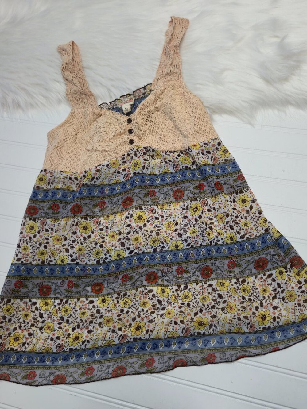 Vintage 90's Y2K Sugar Tart Women's Large Crochet Sheer Baby Doll Tank Made USA